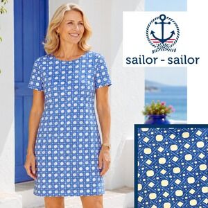 Sailor Sailor, Marina Dress Cane 2 Blue Geometric Lattice Shift Dress Size Large